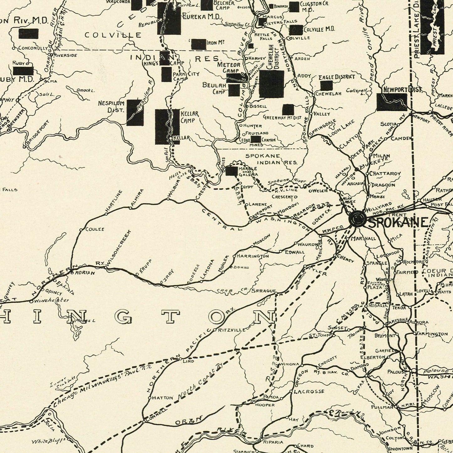 Vintage Map of Spokane Mining Districts, Washington, 1909