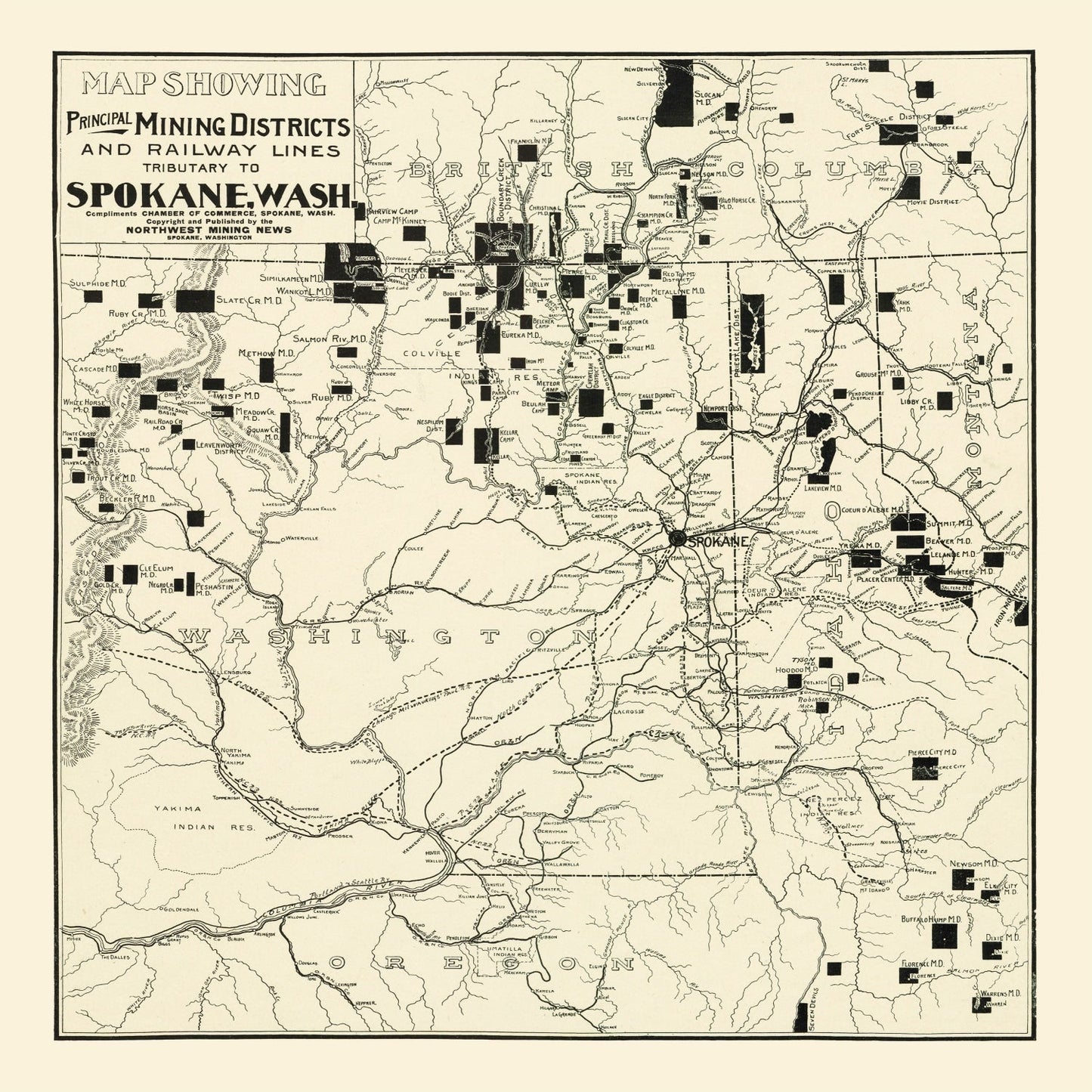 Vintage Map of Spokane Mining Districts, Washington, 1909