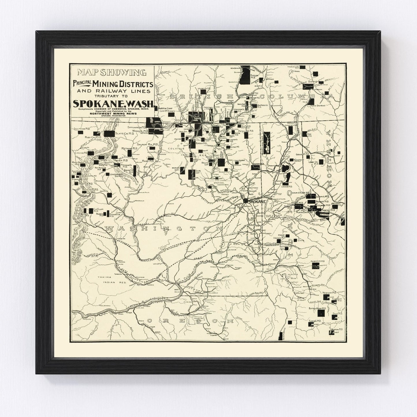 vintage map of Spokane mining districts, Washington, 1909