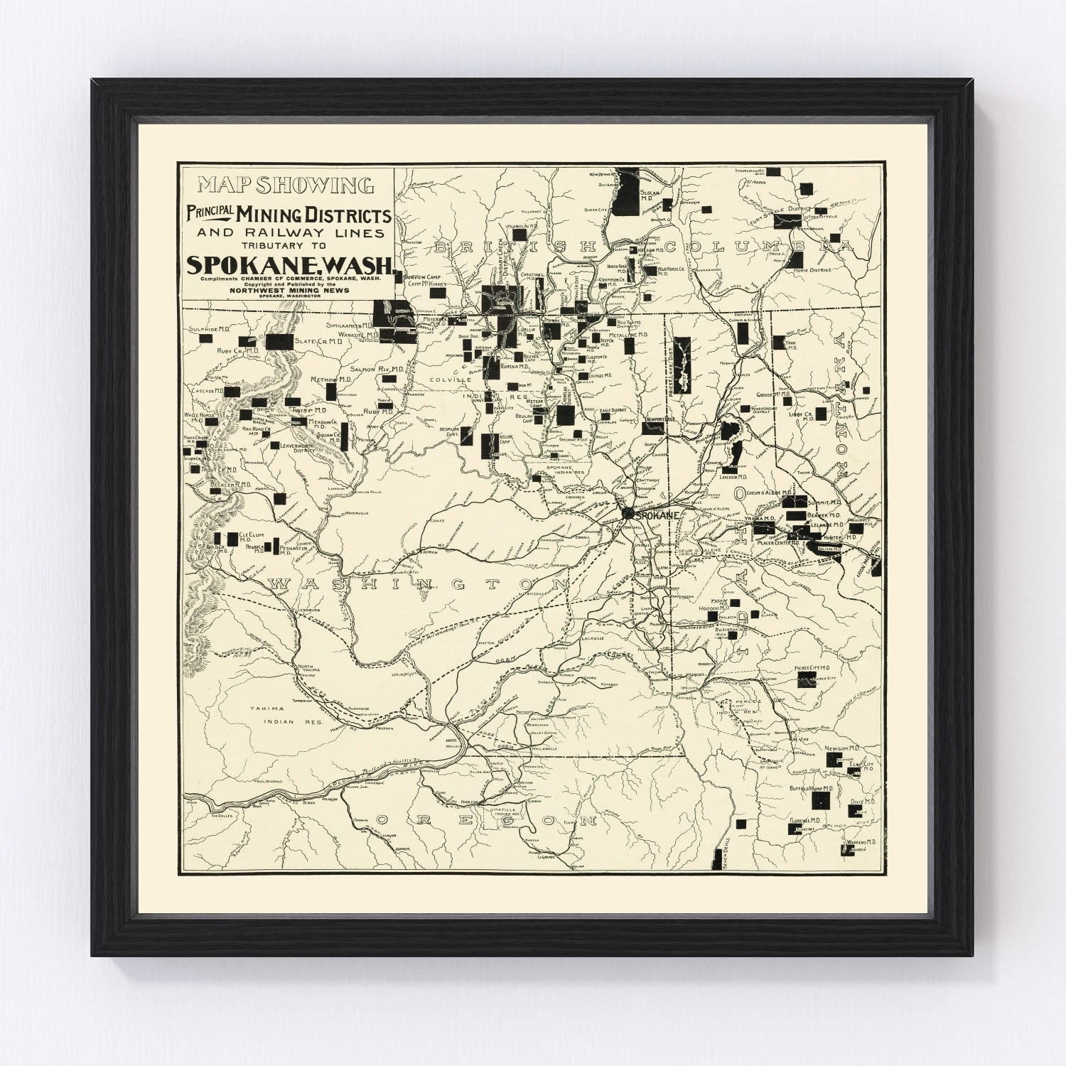 vintage map of Spokane mining districts, Washington, 1909