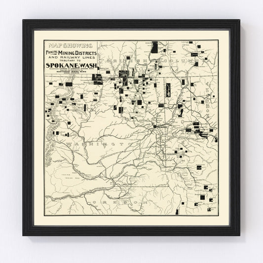 vintage map of Spokane mining districts, Washington, 1909