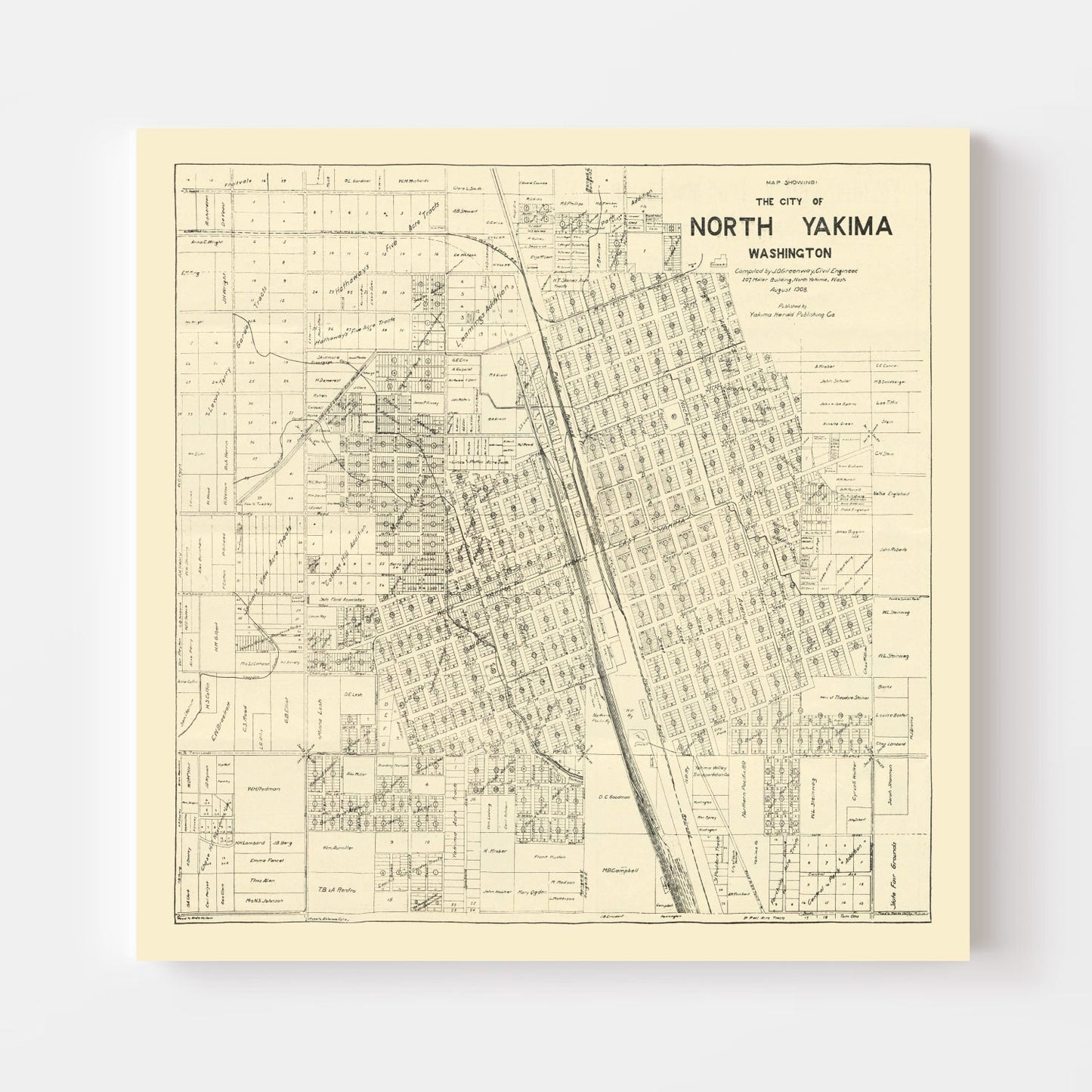Vintage Map of North Yakima, Washington, 1908