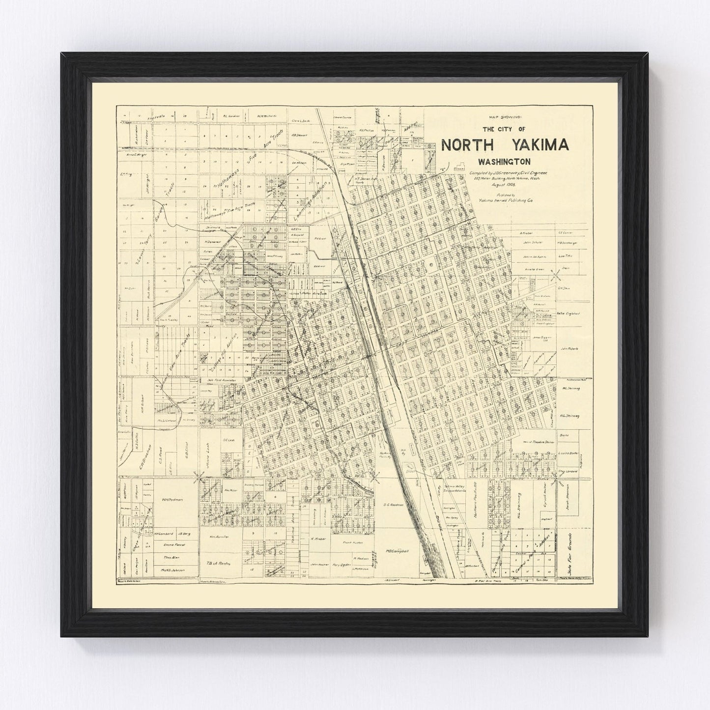 vintage map of North Yakima, Washington, 1908