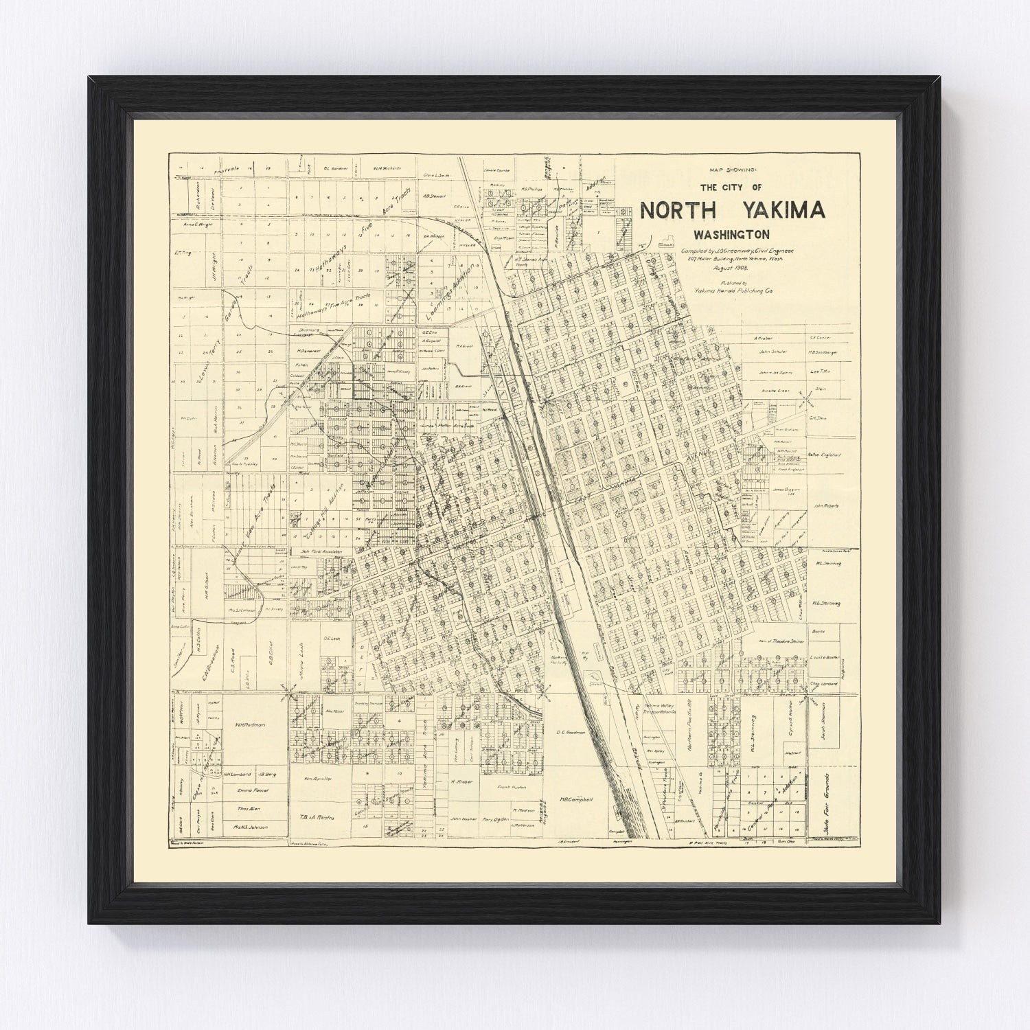vintage map of North Yakima, Washington, 1908