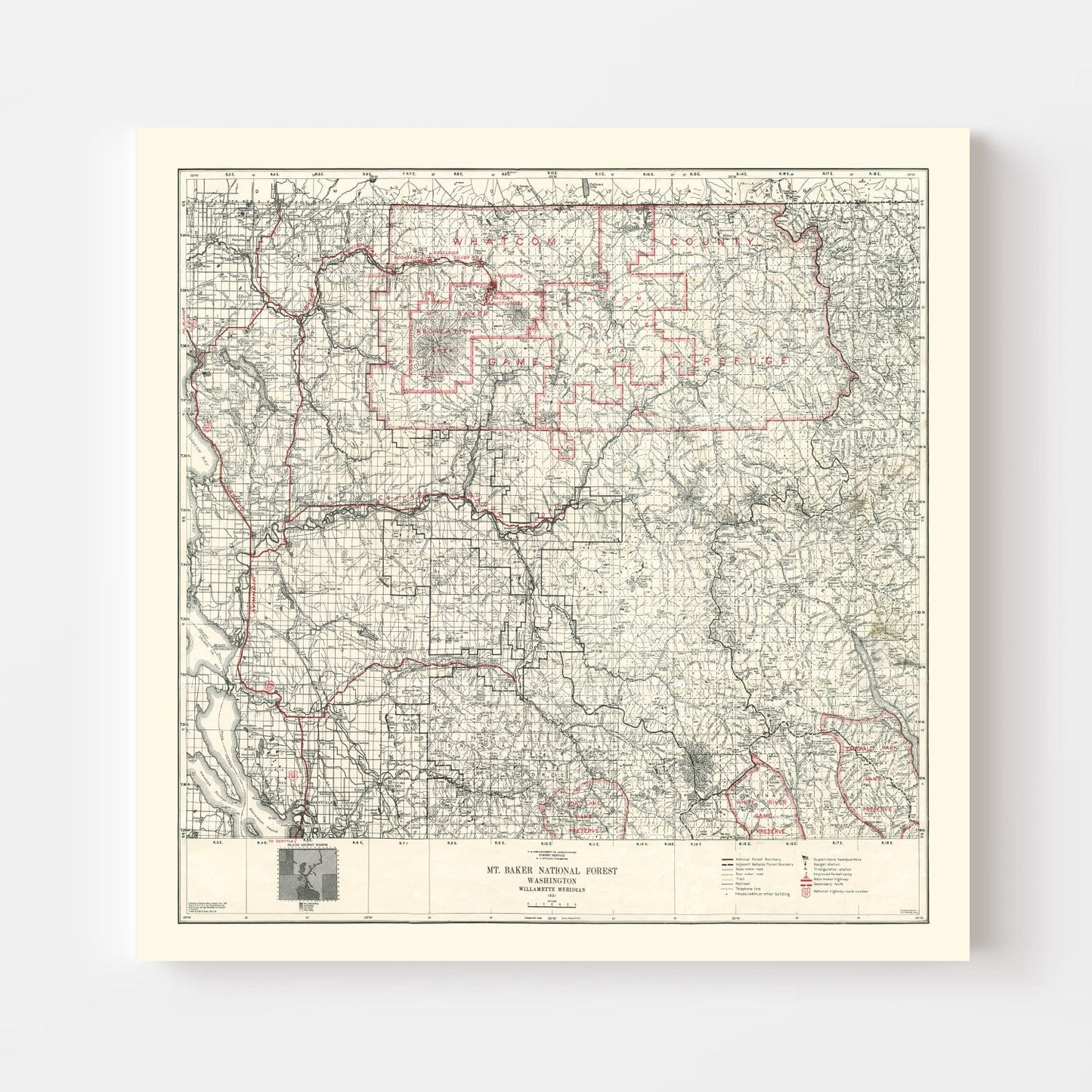 Vintage Map of Mt. Baker National Forest, Washington, 1931