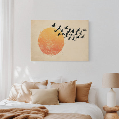 Japanese Birds and Sun Wall Art - Vintage Ink Print