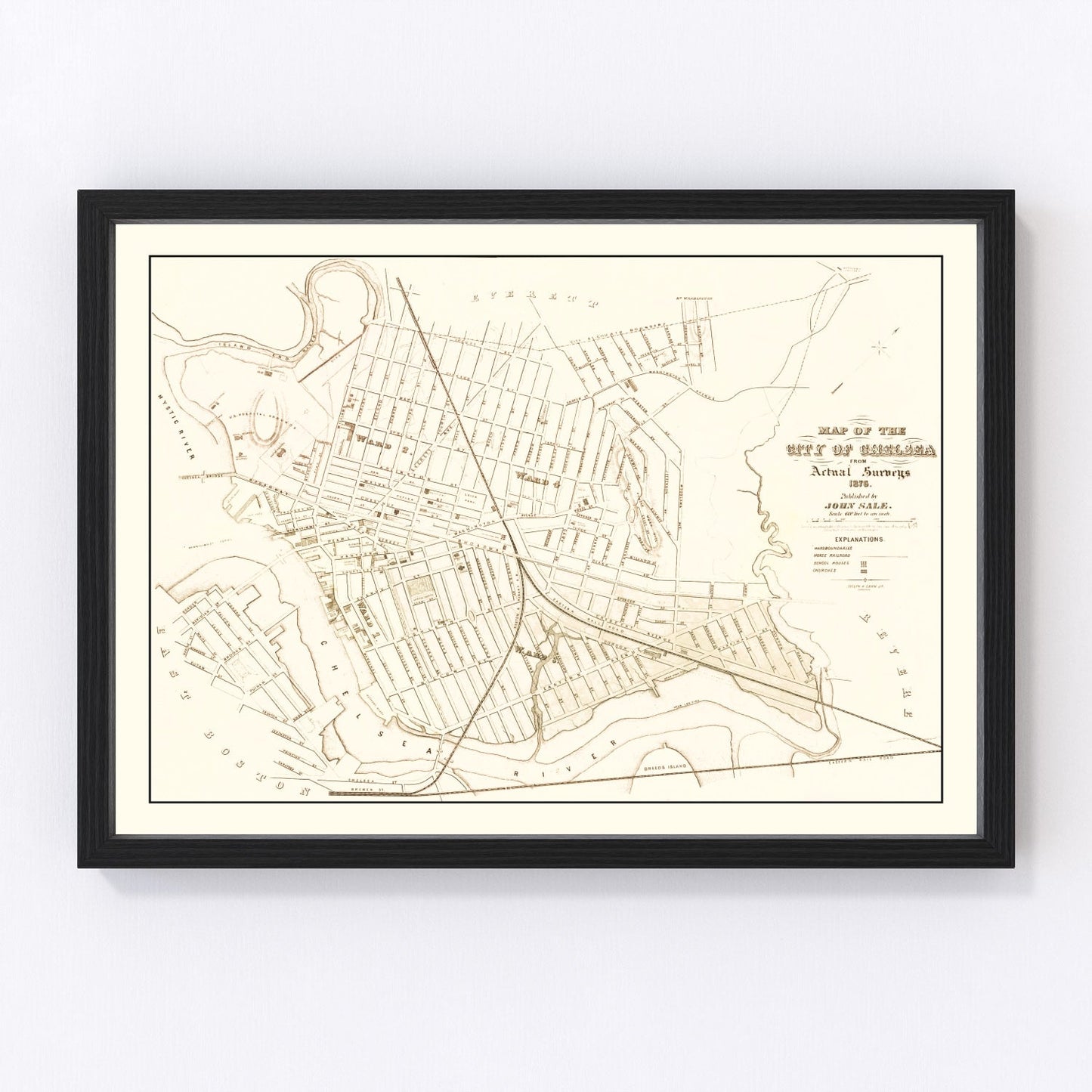 Vintage map of Chelsea, Massachusetts, 1876, digitally restored print