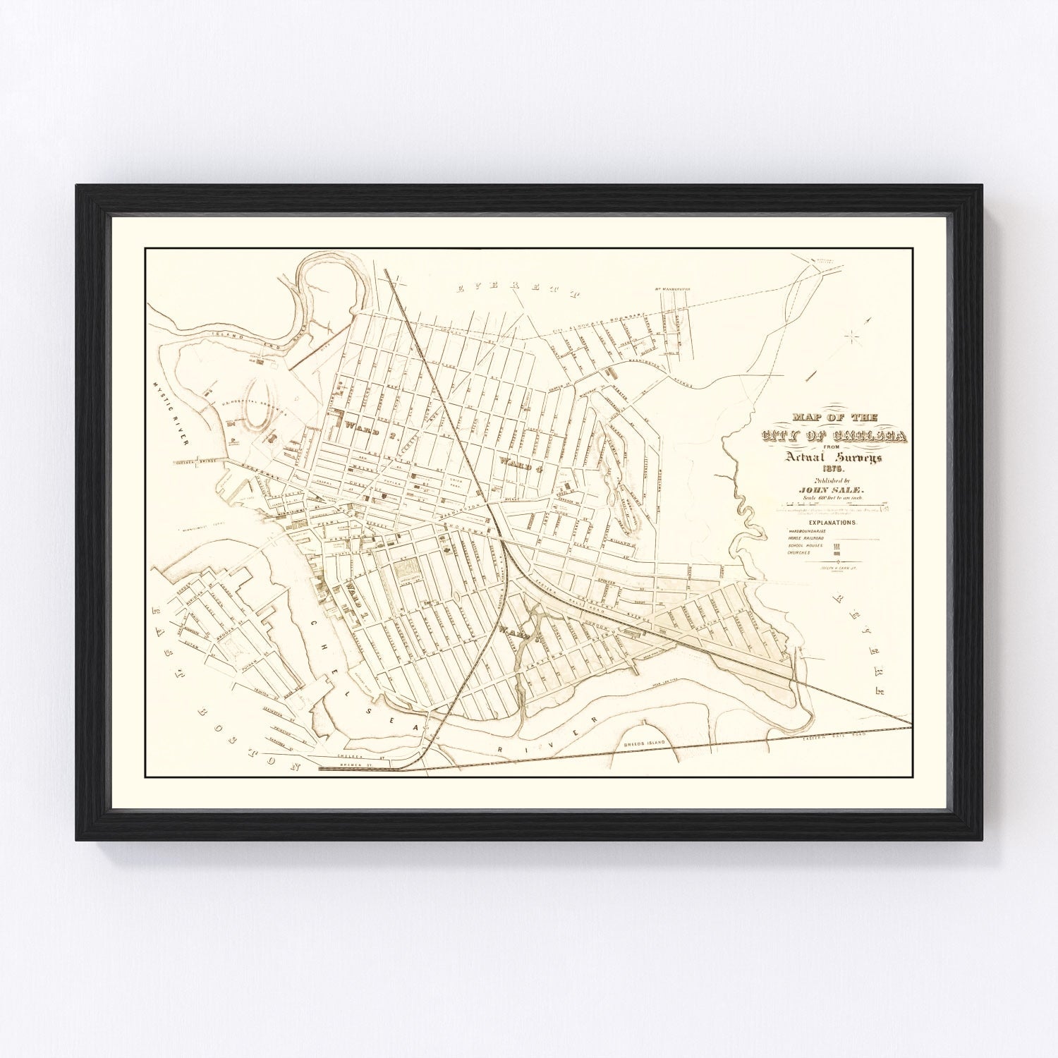 Vintage map of Chelsea, Massachusetts, 1876, digitally restored print