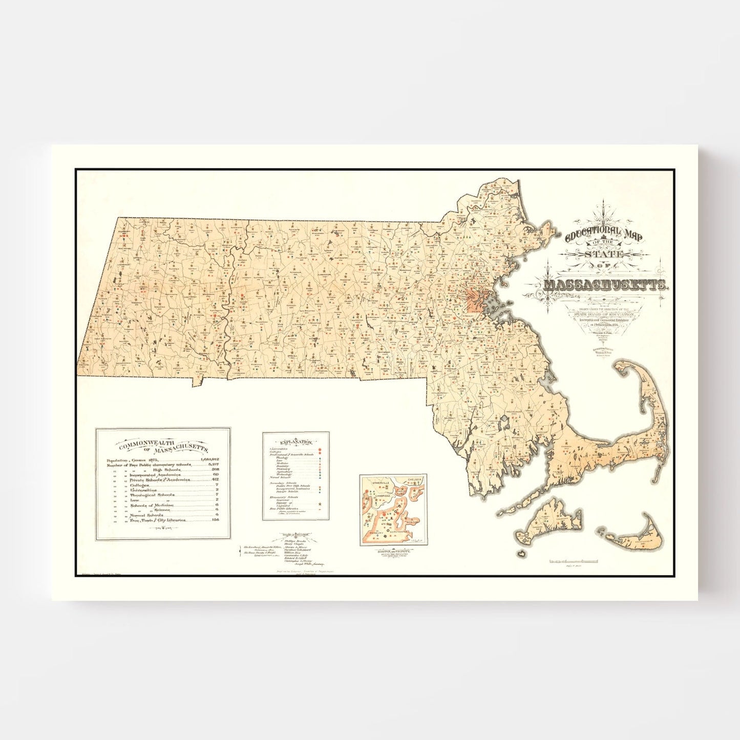 Vintage Map of Massachusetts, 1876