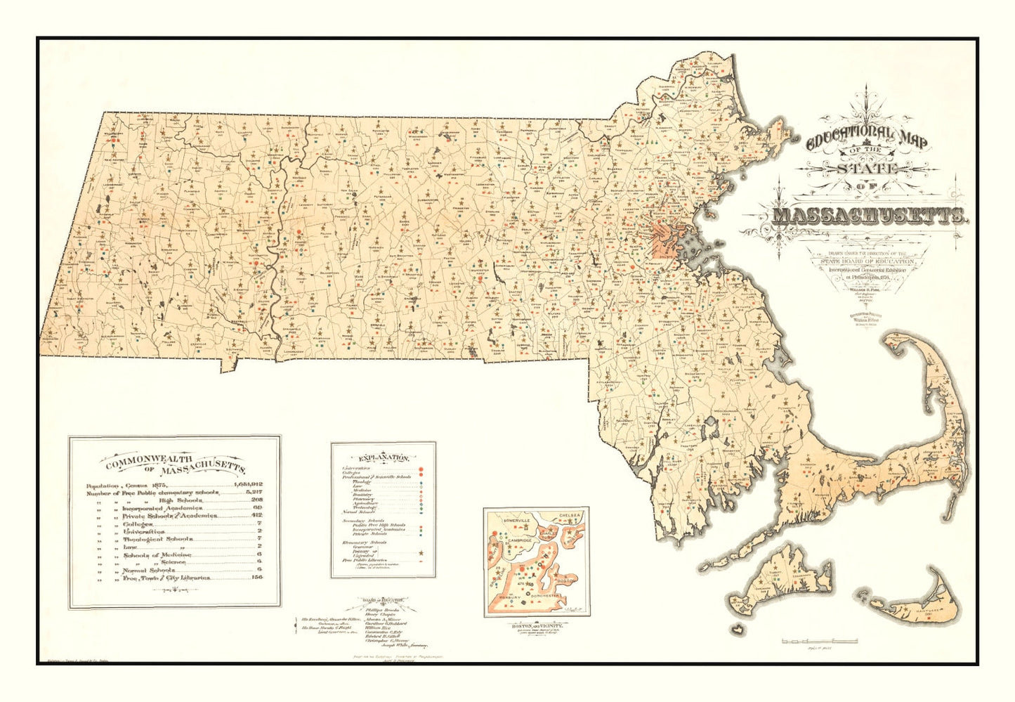 Vintage Map of Massachusetts, 1876