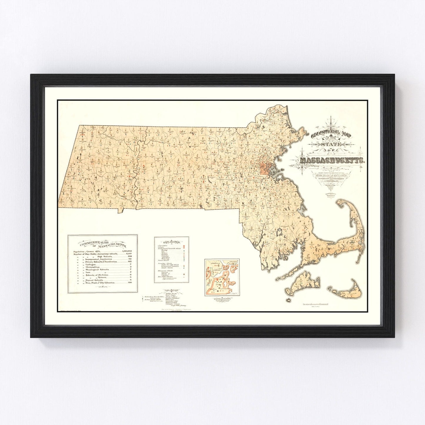 Vintage map of Massachusetts, 1876