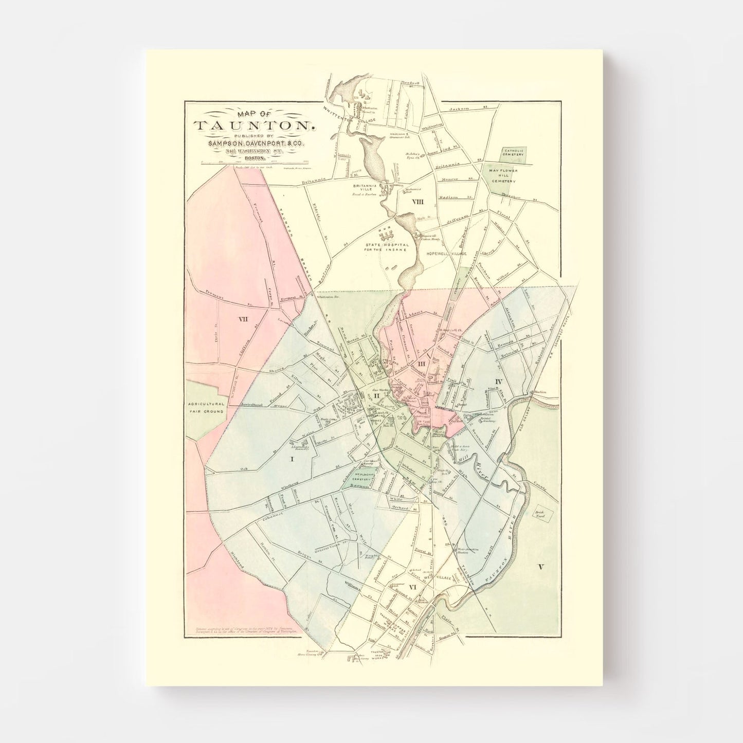 Vintage Map of Taunton, Massachusetts, 1874