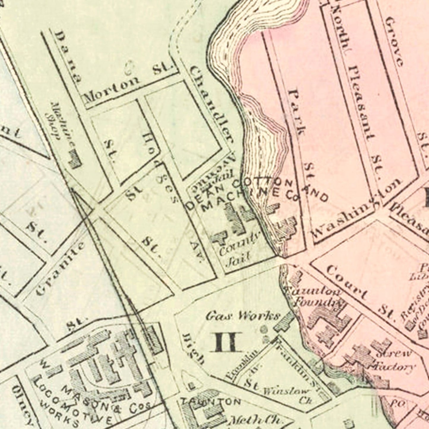 Vintage Map of Taunton, Massachusetts, 1874