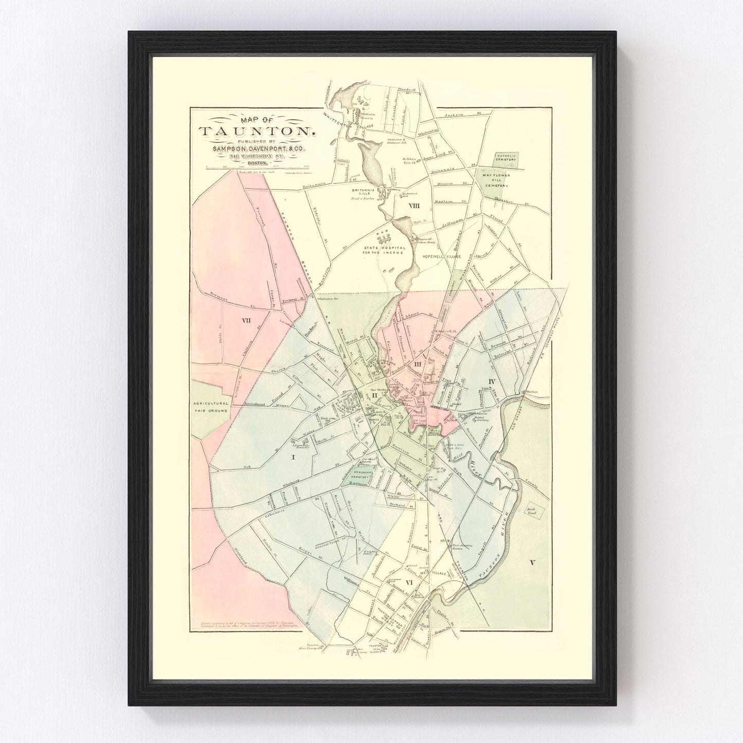 vintage map of Taunton, Massachusetts, 1874