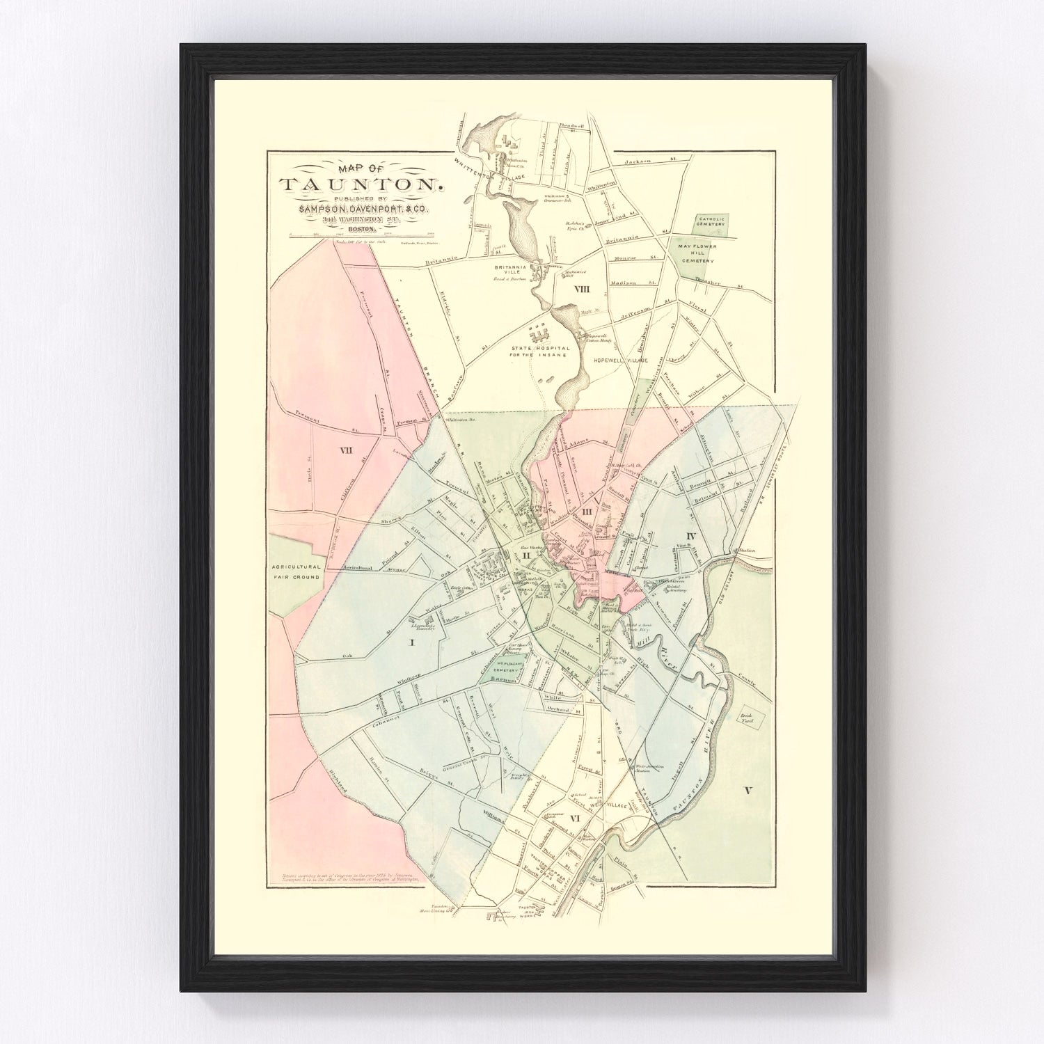 vintage map of Taunton, Massachusetts, 1874