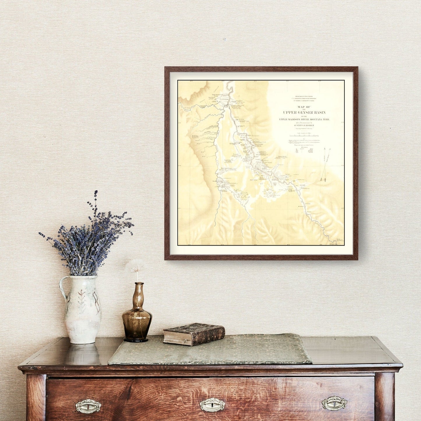 Vintage Map of Upper Geyser Basin, Madison River, 1872
