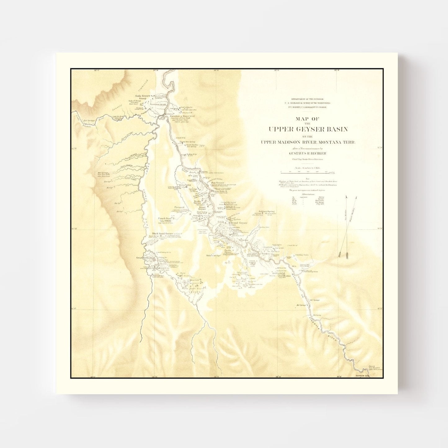 Vintage Map of Upper Geyser Basin, Madison River, 1872