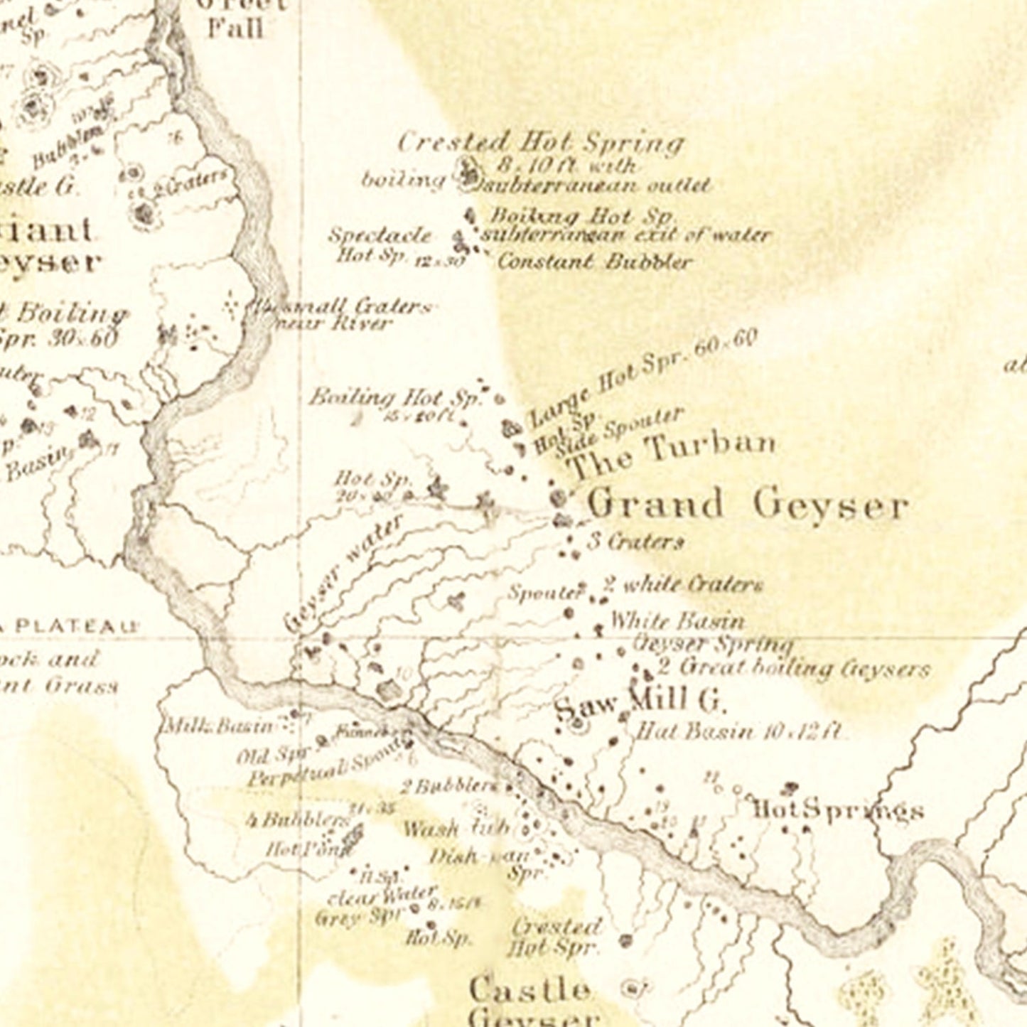 Vintage Map of Upper Geyser Basin, Madison River, 1872