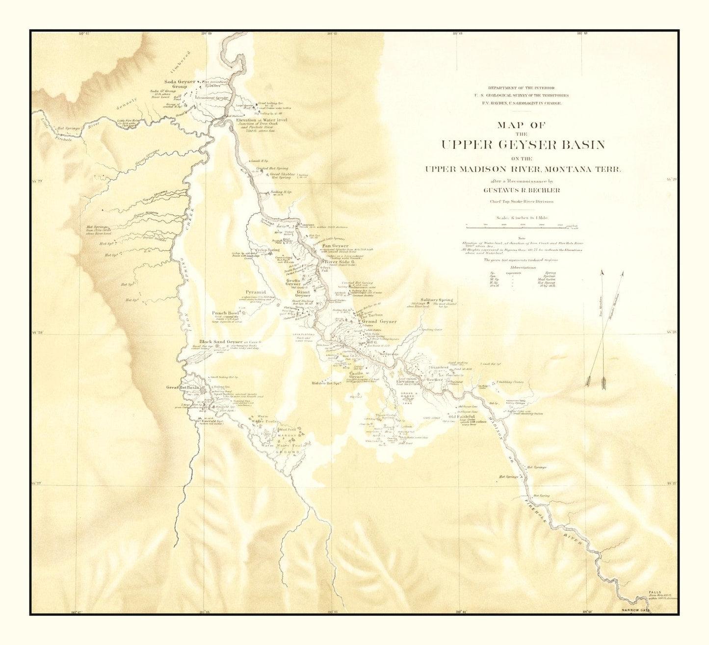 Vintage Map of Upper Geyser Basin, Madison River, 1872