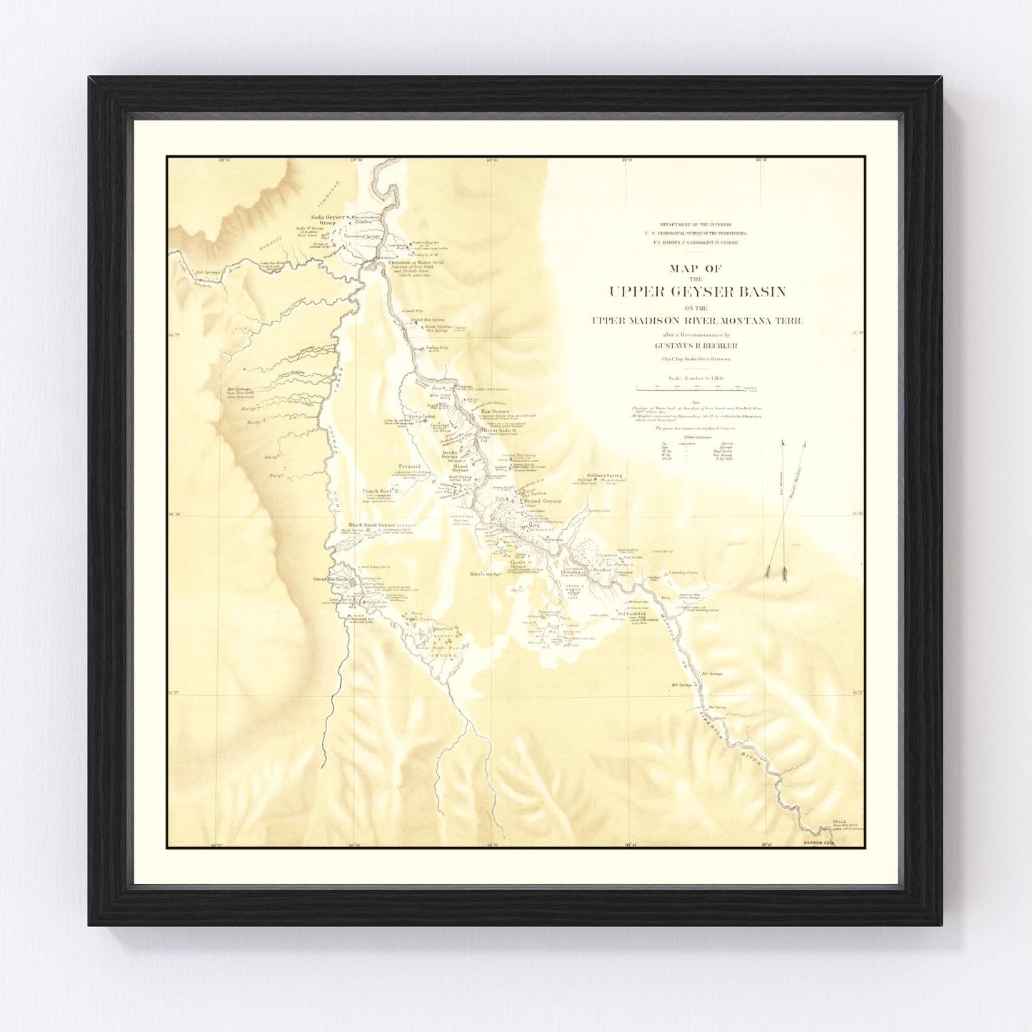 Vintage map of Upper Geyser Basin, Madison River, 1872