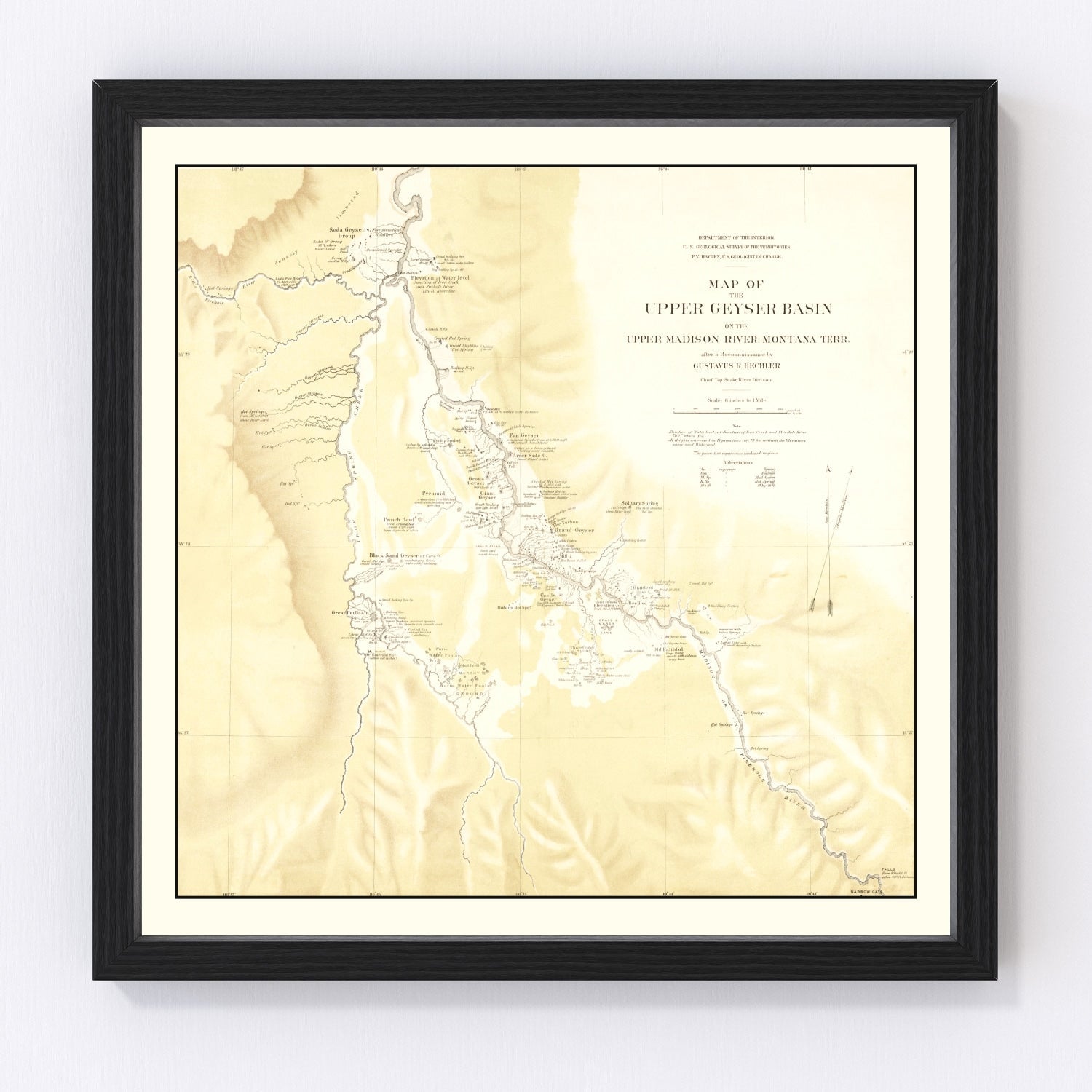 Vintage map of Upper Geyser Basin, Madison River, 1872
