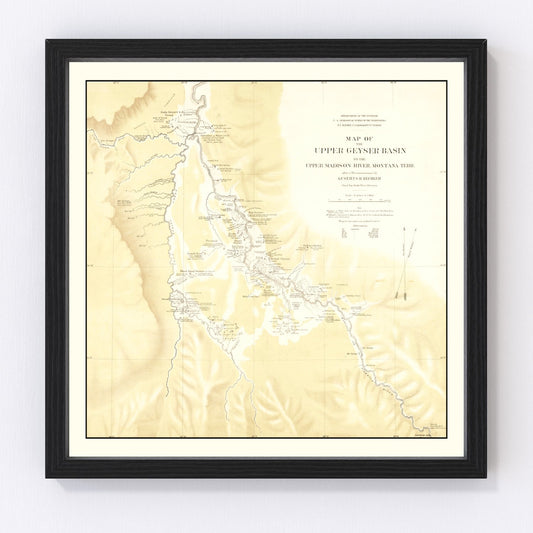 Vintage map of Upper Geyser Basin, Madison River, 1872