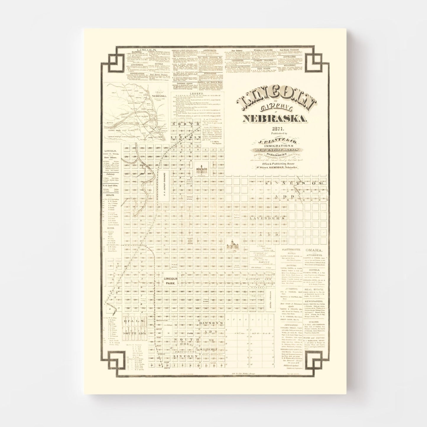 Vintage Map of Lincoln, Nebraska, 1871