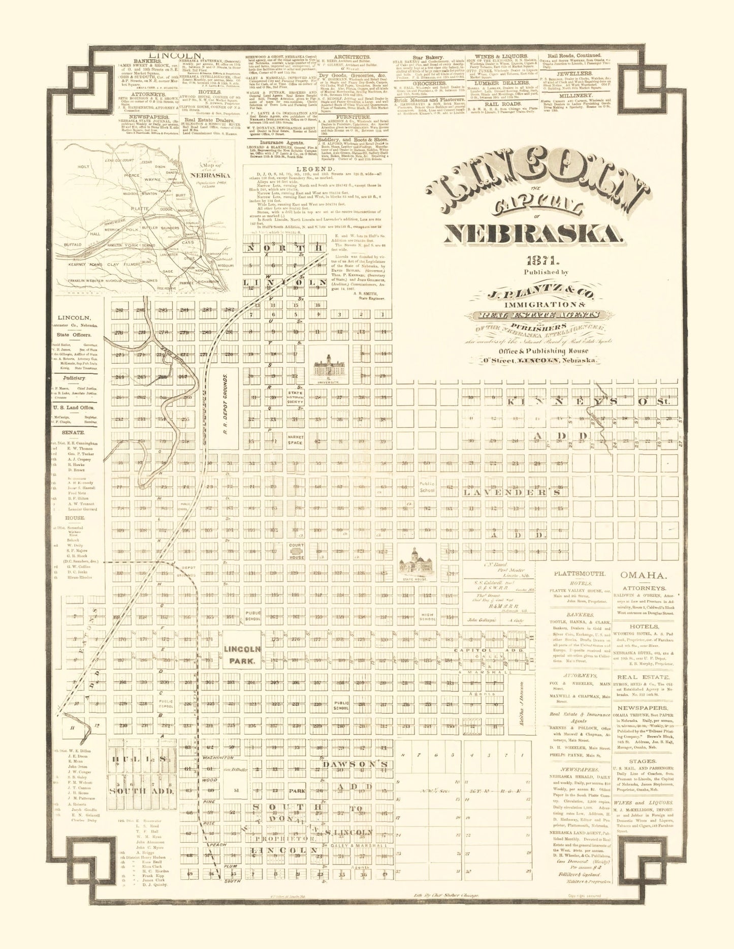Vintage Map of Lincoln, Nebraska, 1871