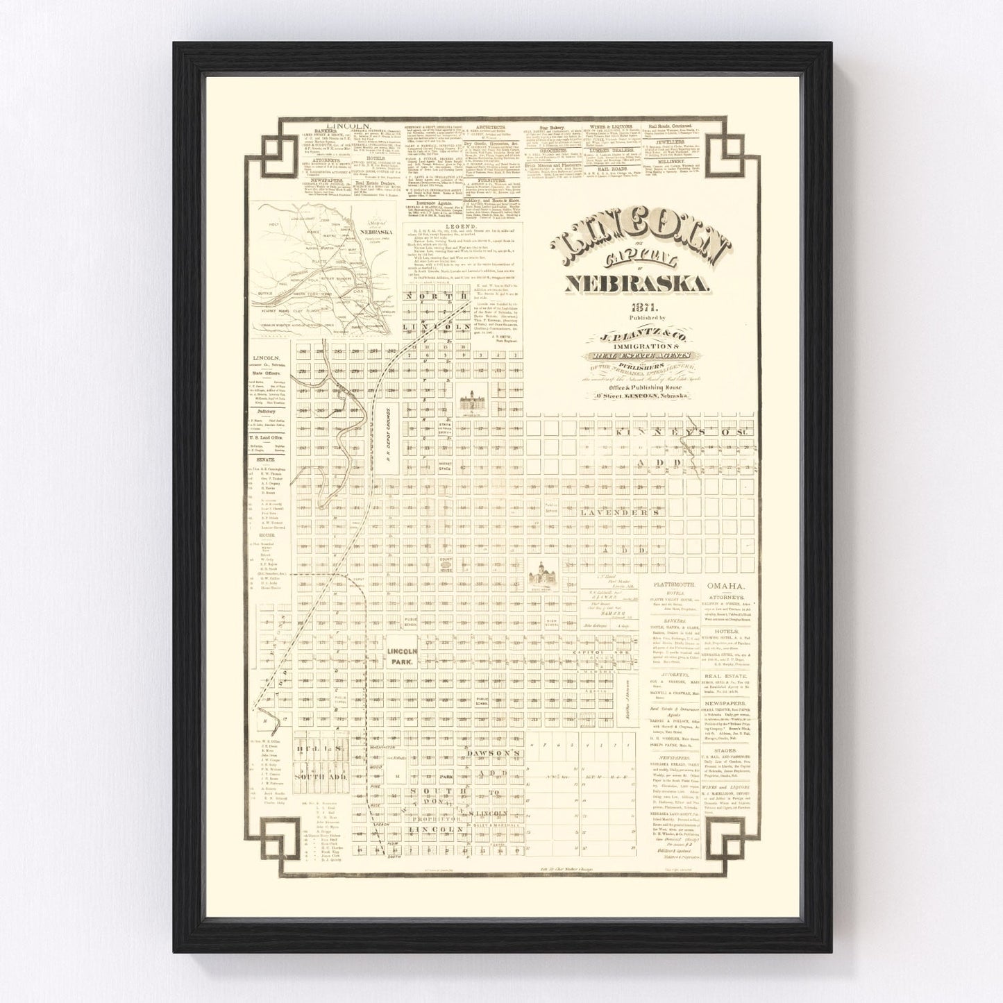 Vintage map of Lincoln, Nebraska, 1871