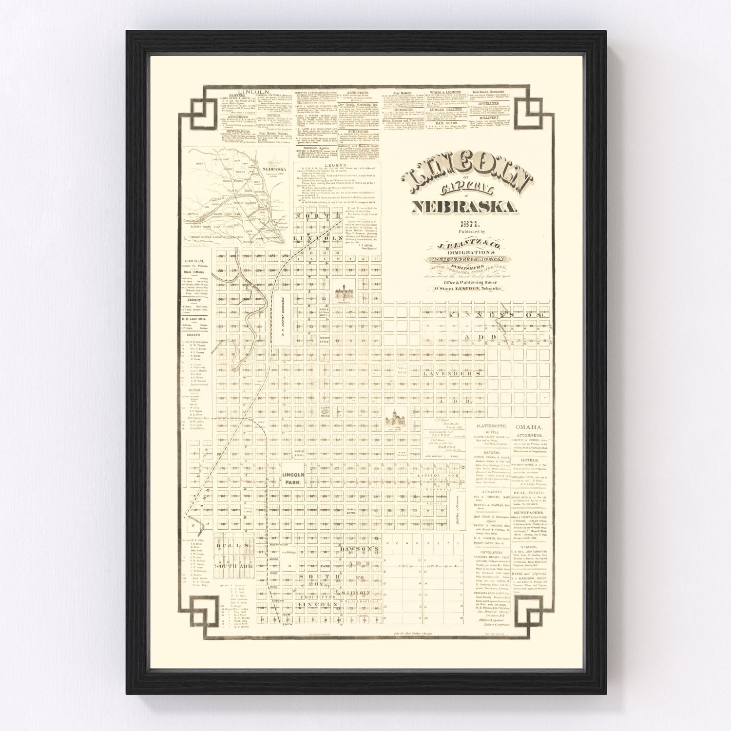 Vintage map of Lincoln, Nebraska, 1871