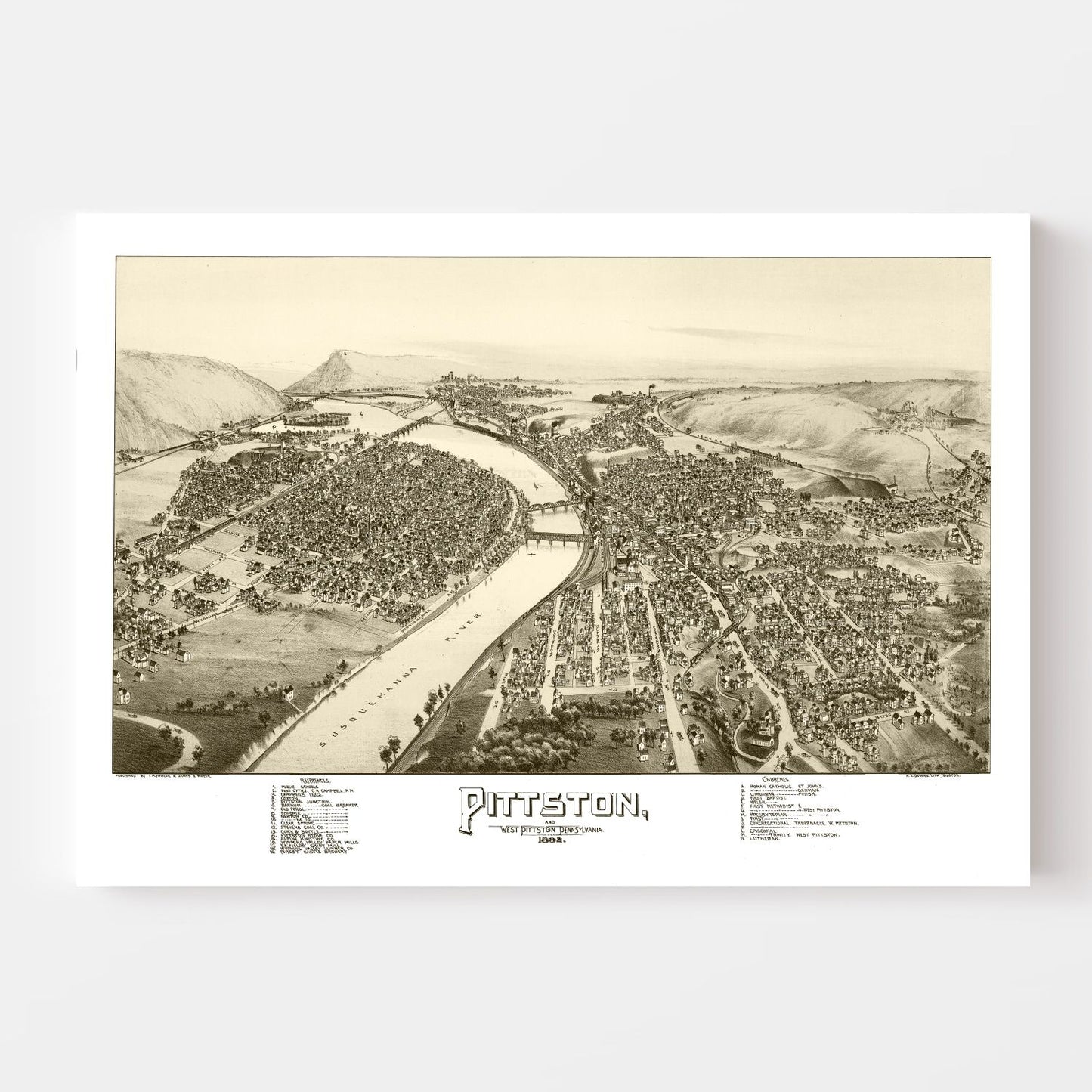 Vintage Map of Pittston & West Pittston, Pennsylvania, 1892