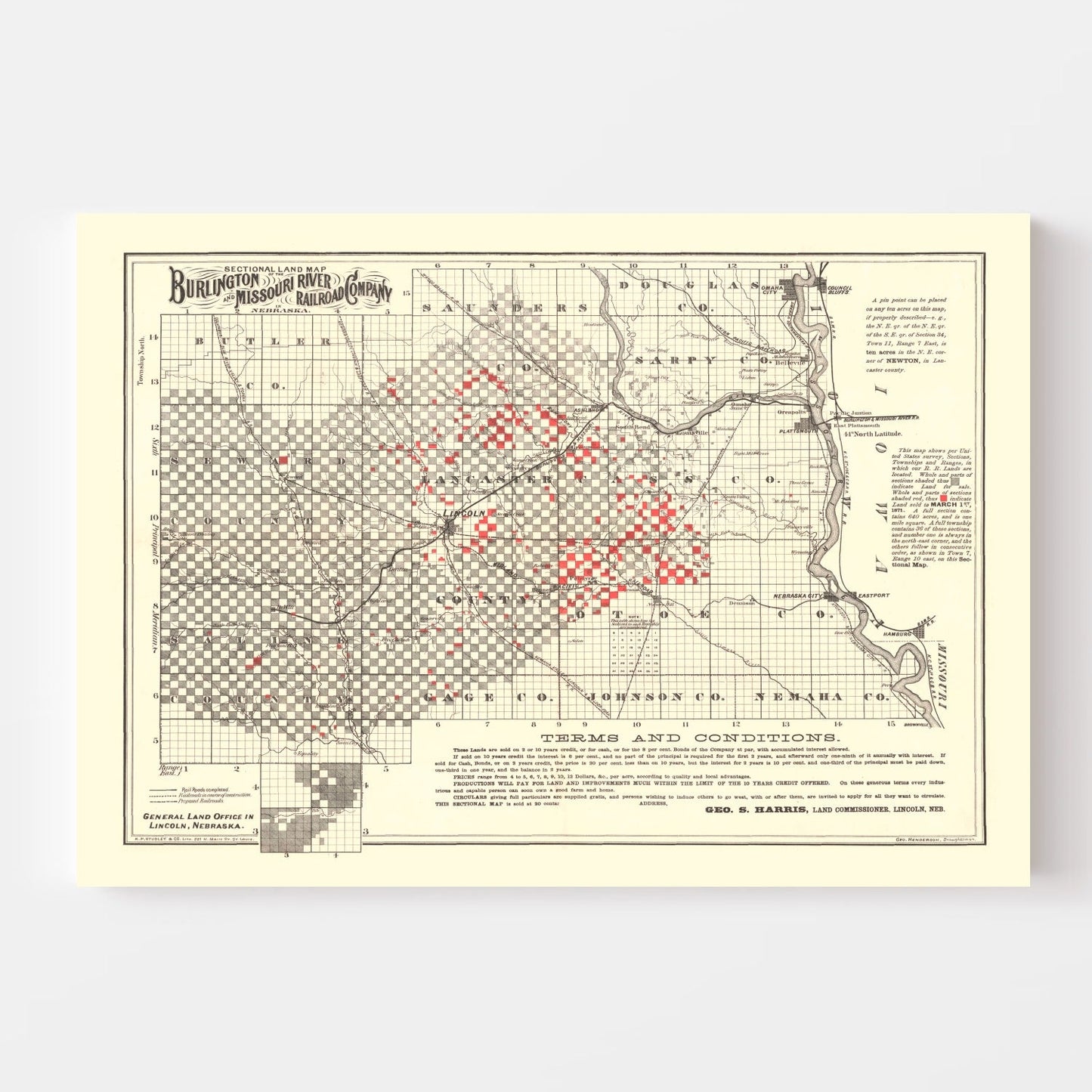 Vintage Railroad Map of Lincoln, Nebraska, 1871