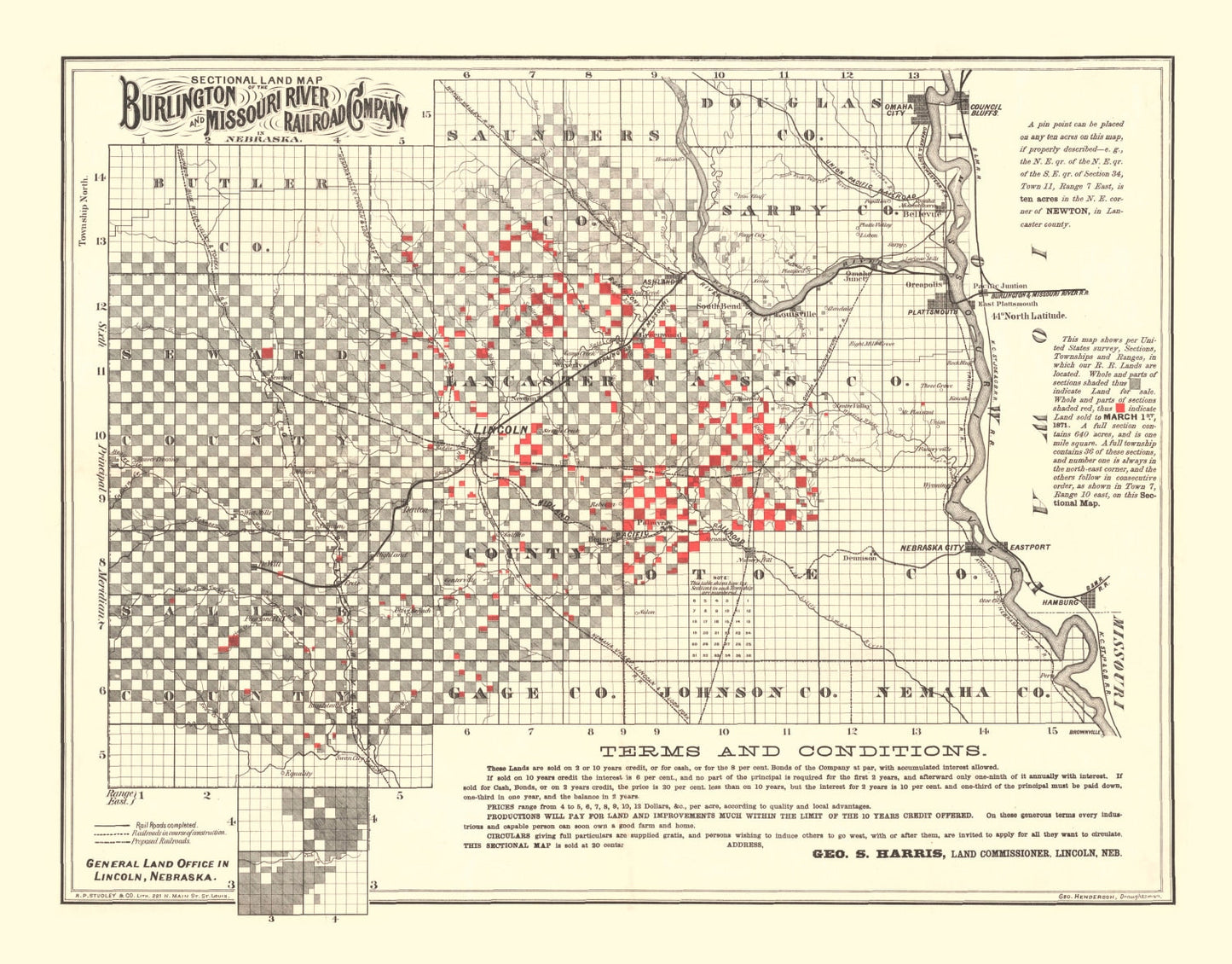 Vintage Railroad Map of Lincoln, Nebraska, 1871