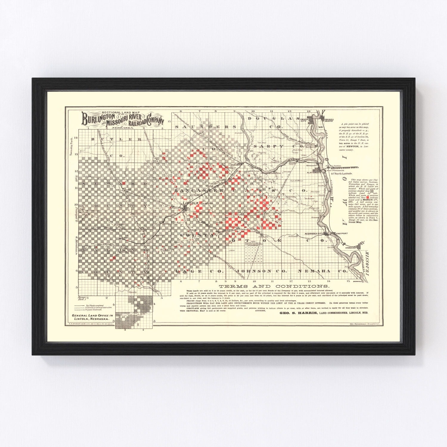 vintage railroad map of Lincoln, Nebraska, 1871