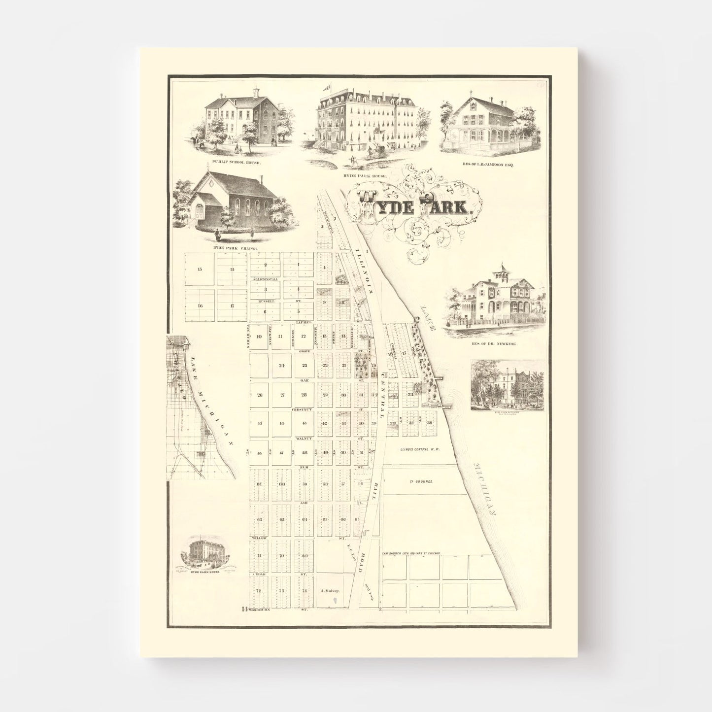 Vintage Hyde Park, Chicago Map, 1870