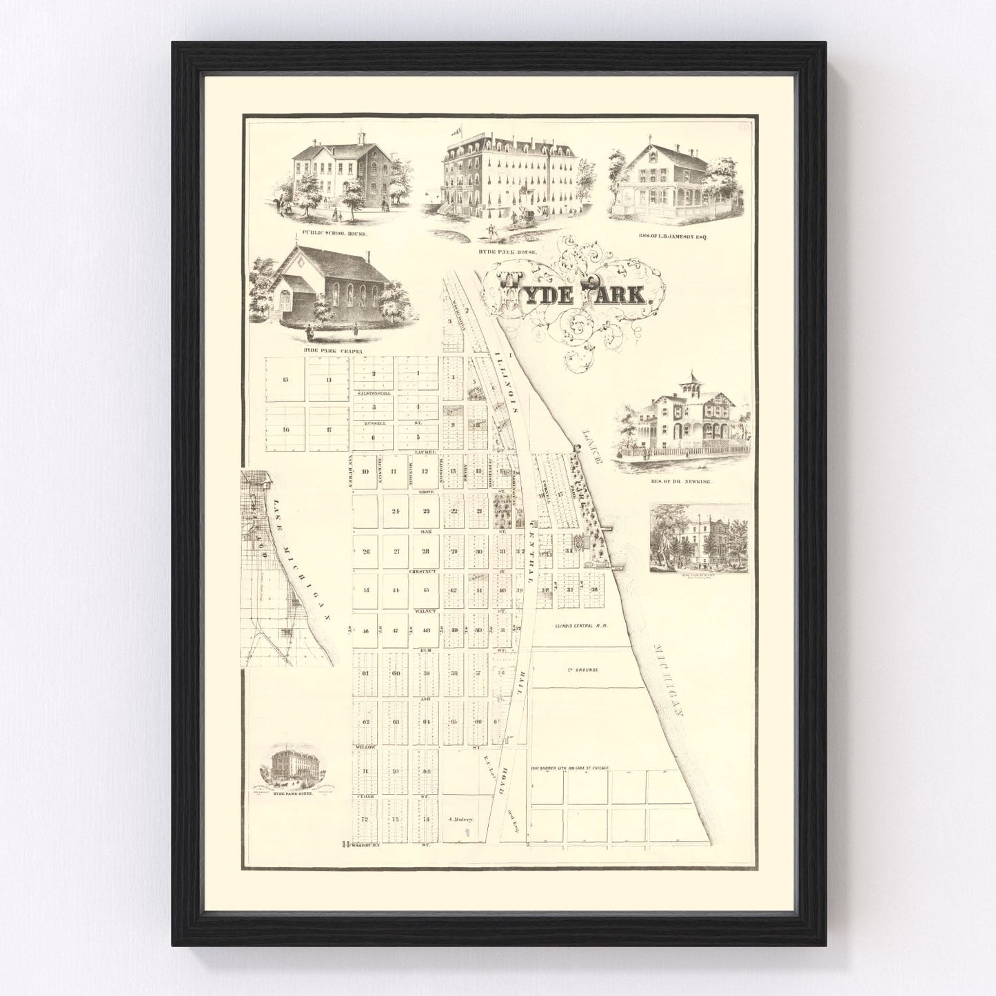 Vintage map of Hyde Park, Chicago lakeside neighborhood, 1870