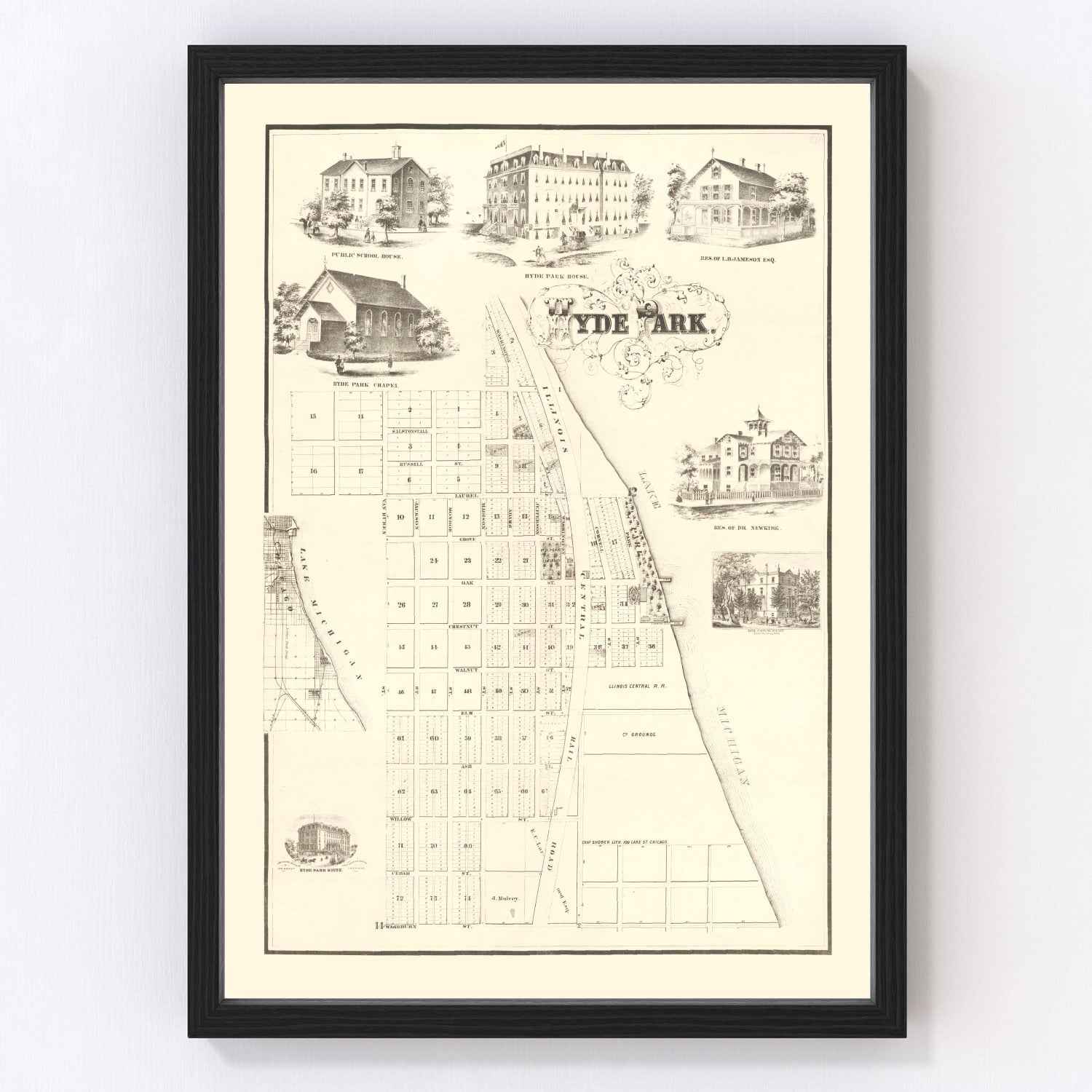 Vintage map of Hyde Park, Chicago lakeside neighborhood, 1870
