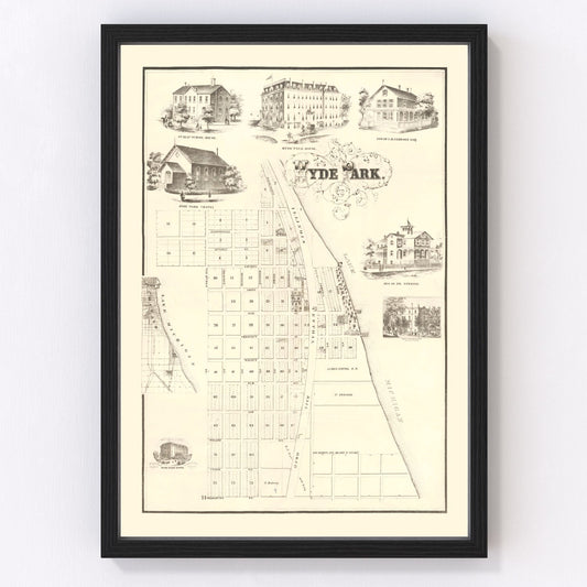 Vintage map of Hyde Park, Chicago lakeside neighborhood, 1870
