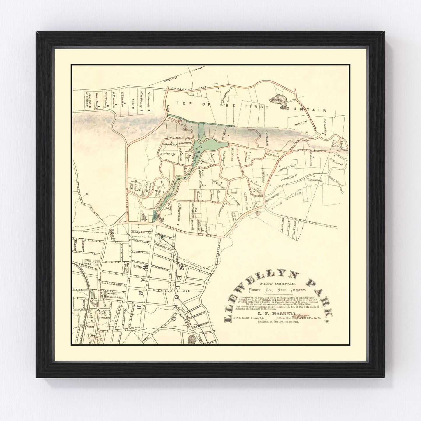 Vintage Llewellyn Park West Orange NJ map, 1870, digitally restored print