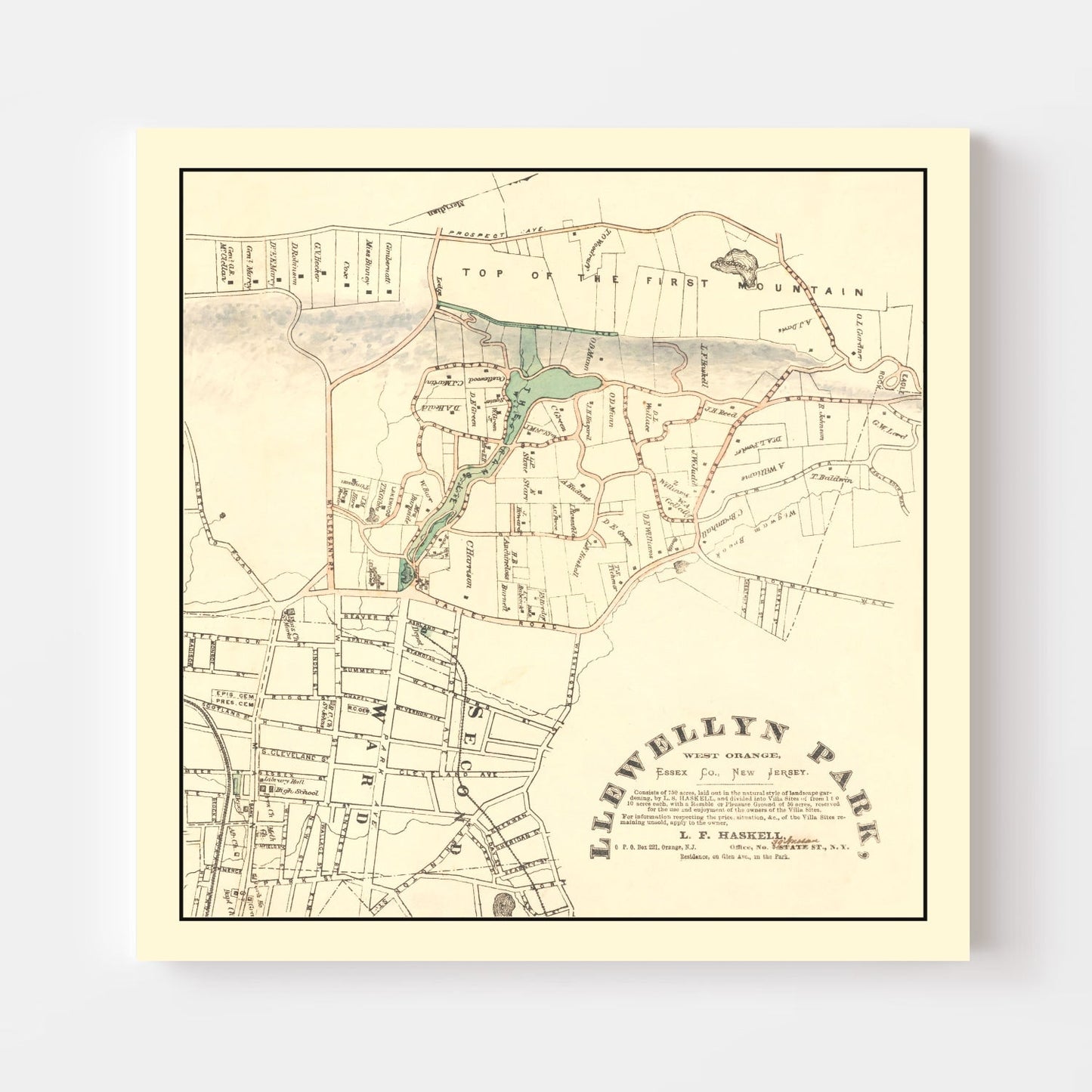 Llewellyn Park West Orange NJ Vintage Map 1870 Wall Art