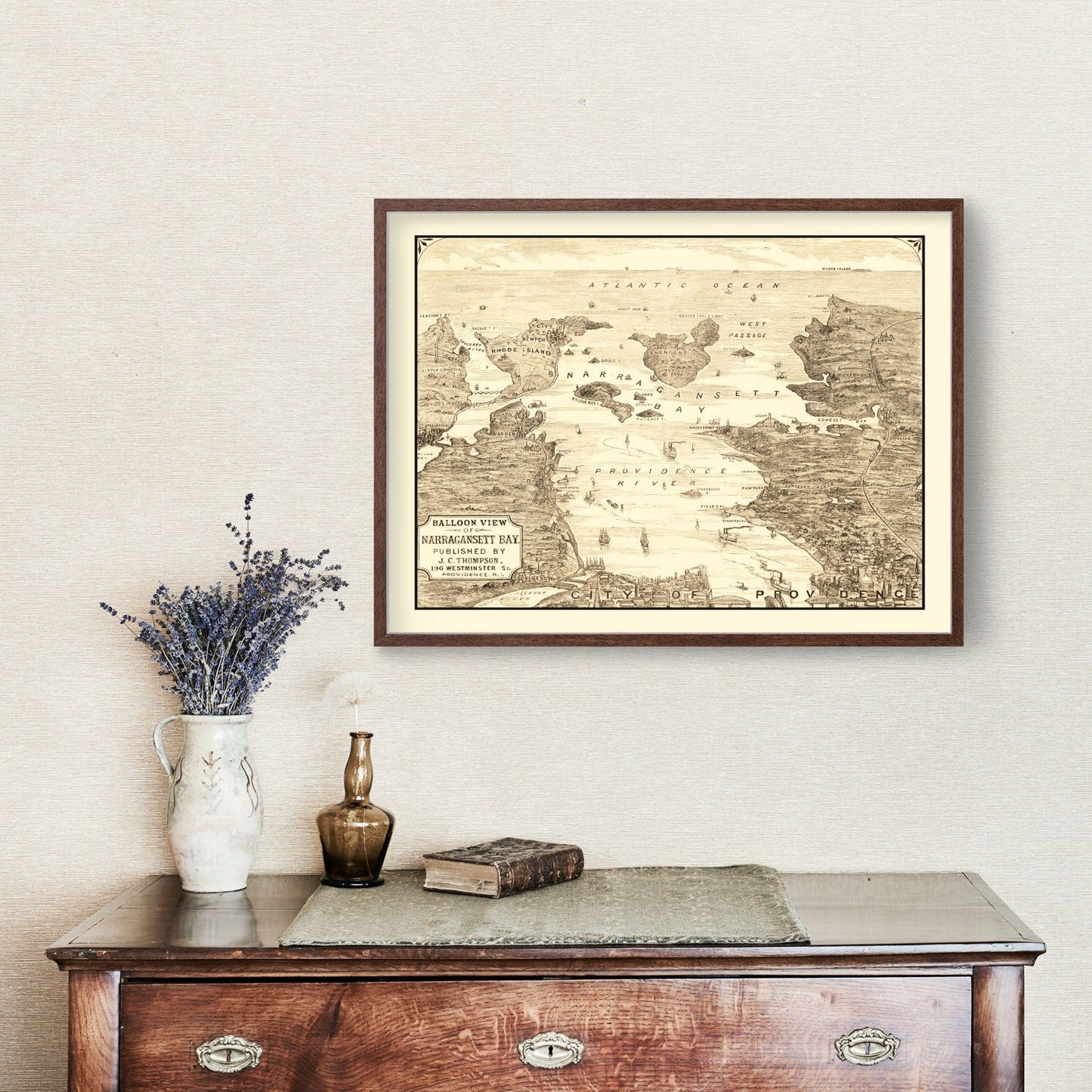 Vintage Map of Narragansett Bay, Rhode Island, 1870