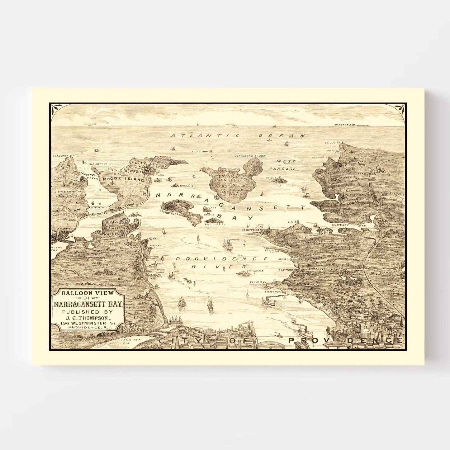 Vintage Map of Narragansett Bay, Rhode Island, 1870