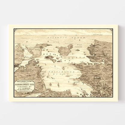 Vintage Map of Narragansett Bay, Rhode Island, 1870