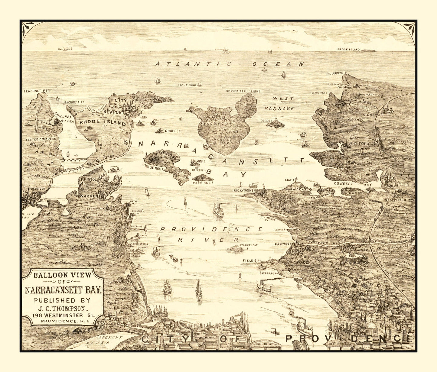 Vintage Map of Narragansett Bay, Rhode Island, 1870
