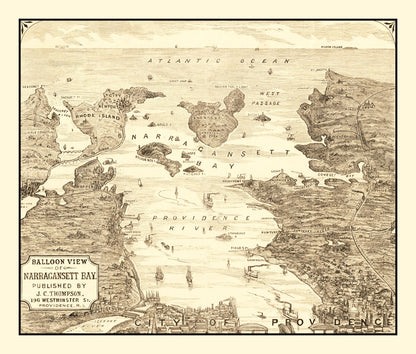 Vintage Map of Narragansett Bay, Rhode Island, 1870