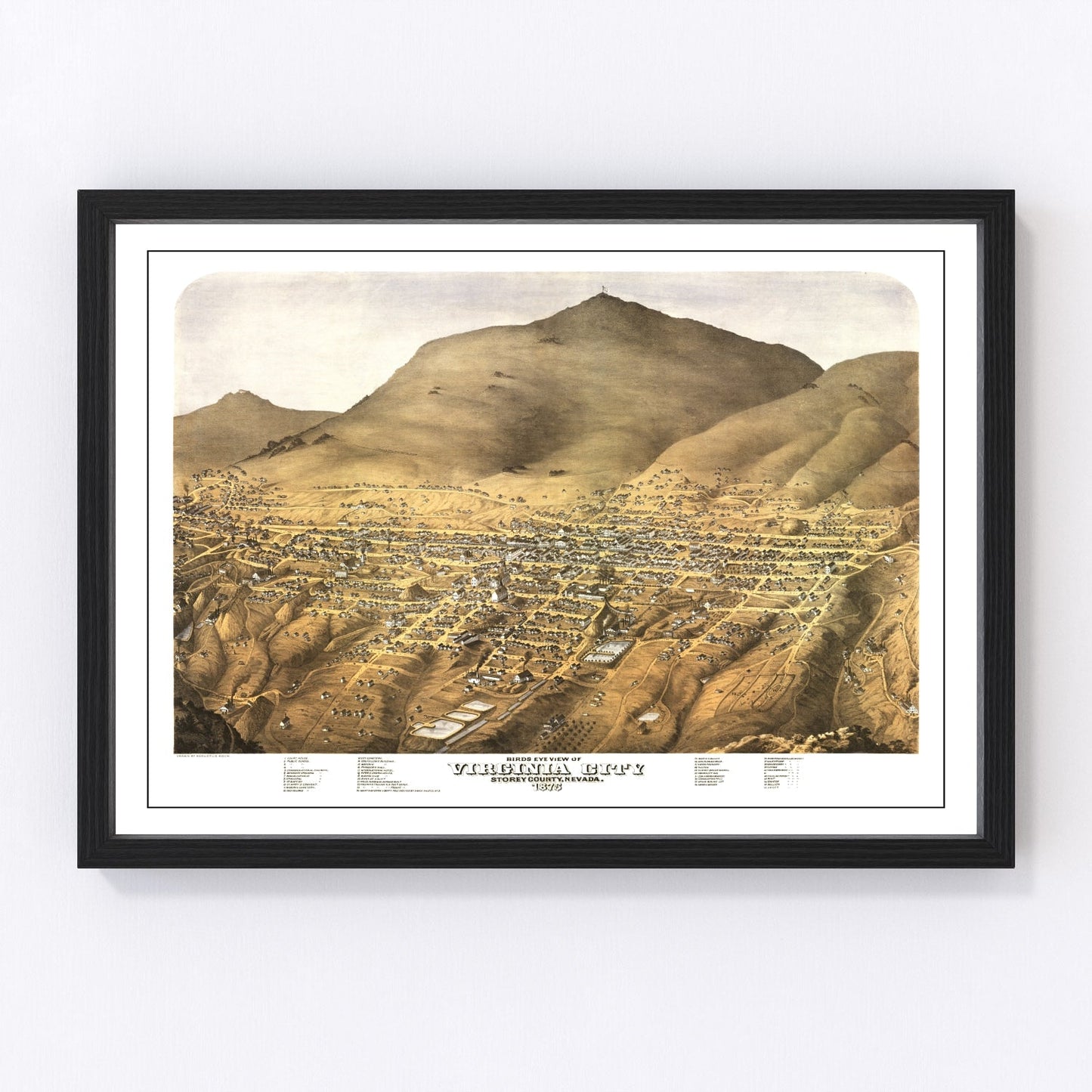 Vintage map of Virginia City, Nevada, 1875, Comstock Lode boomtown