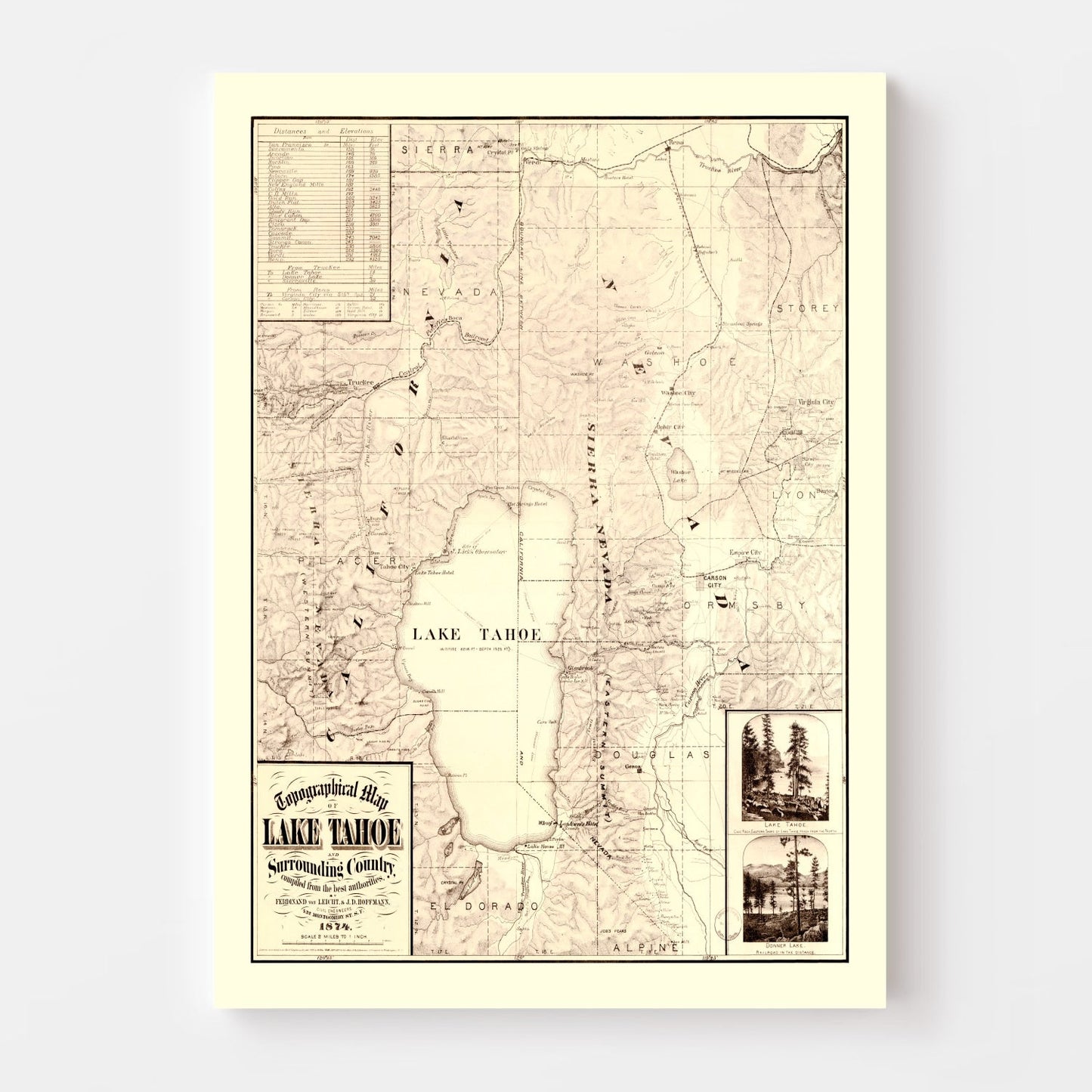 Vintage Topographical Map of Lake Tahoe, California, 1874