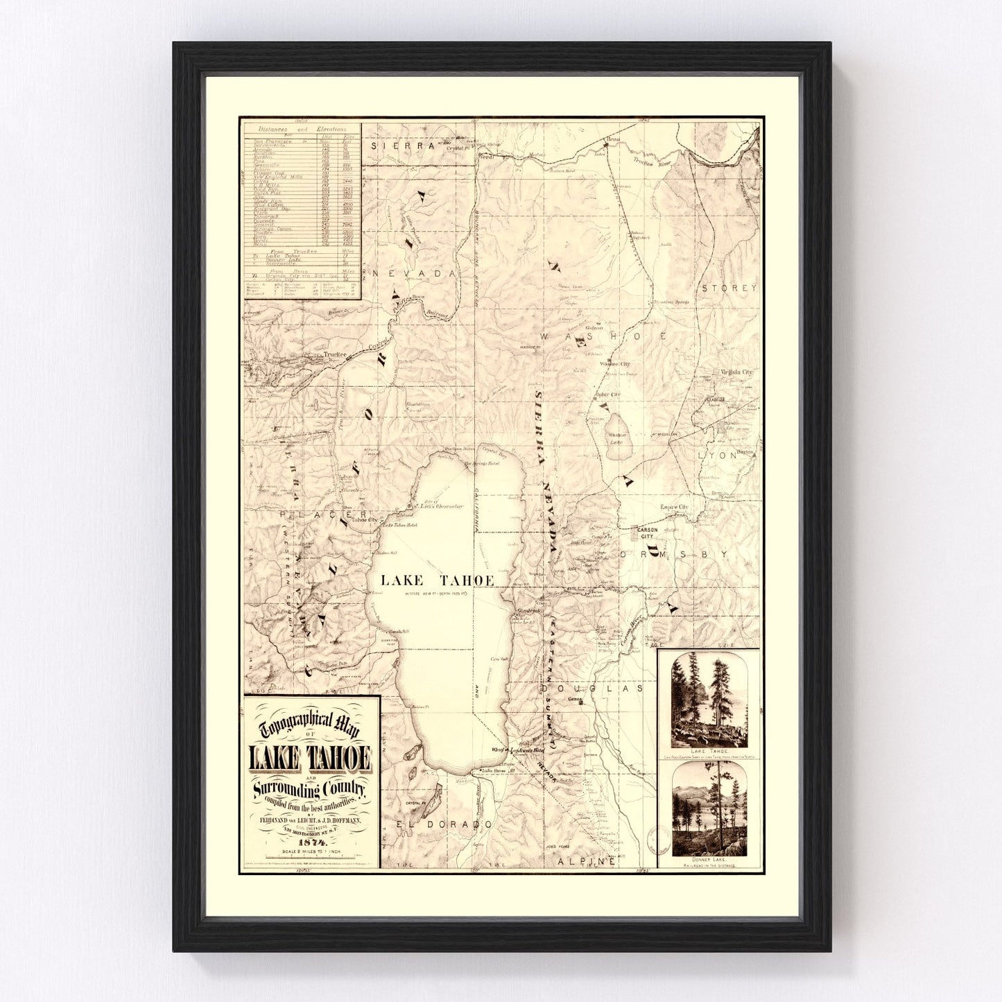 vintage topographical map of Lake Tahoe, California, 1874