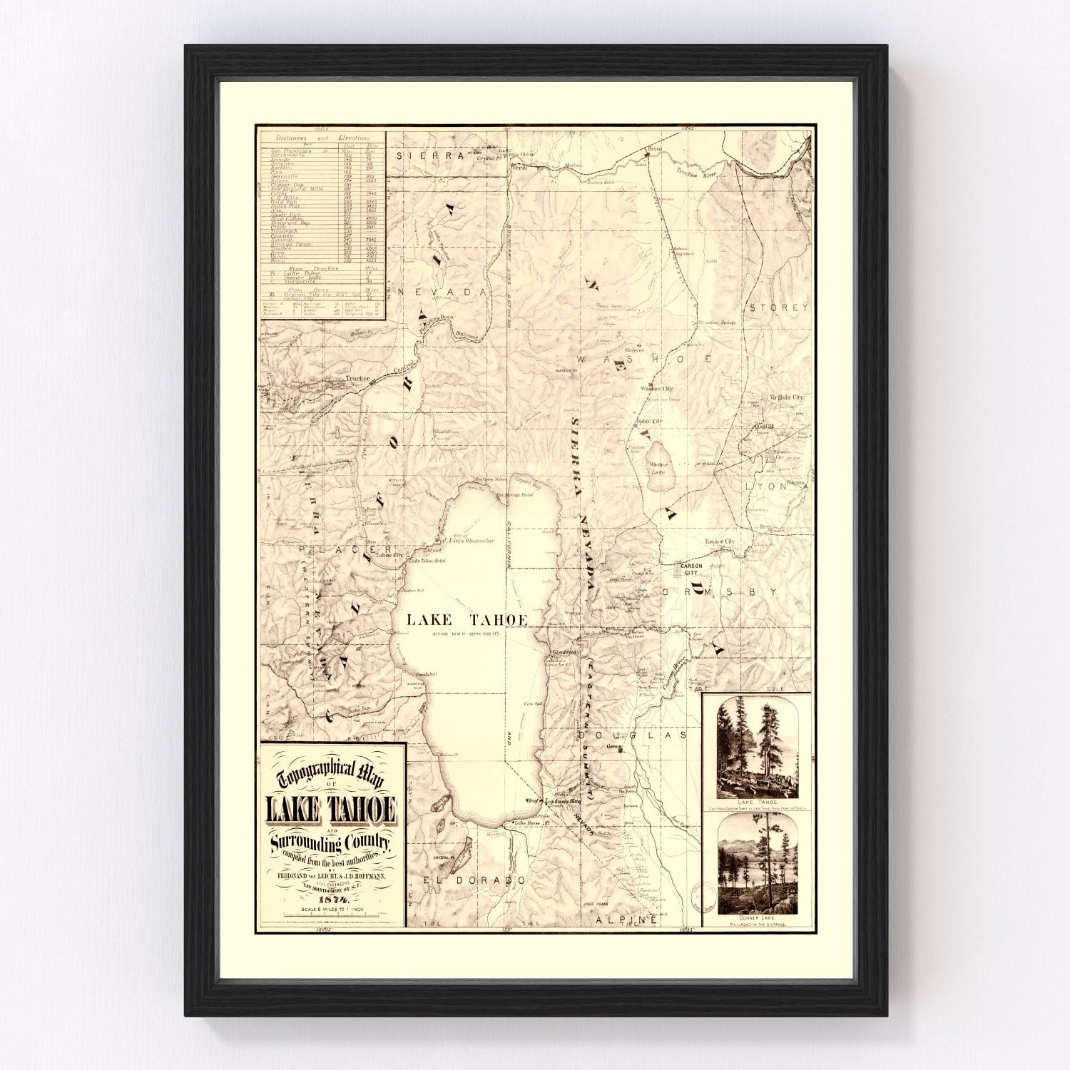 vintage topographical map of Lake Tahoe, California, 1874
