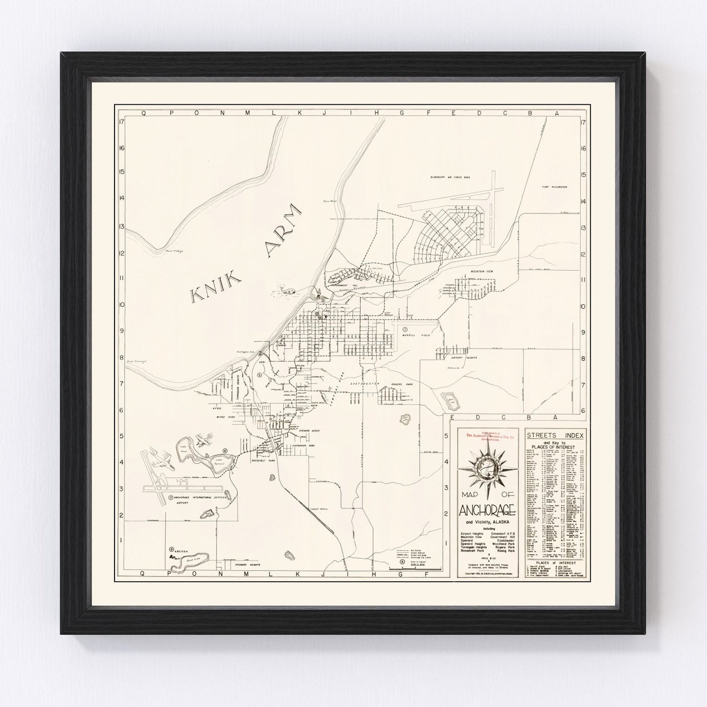 Vintage map of Anchorage, Alaska, 1951 - restored print